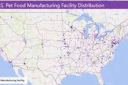 Map of all U.S. zip codes with at least one pet food manufacturing facility