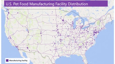 Map of all U.S. zip codes with at least one pet food manufacturing facility