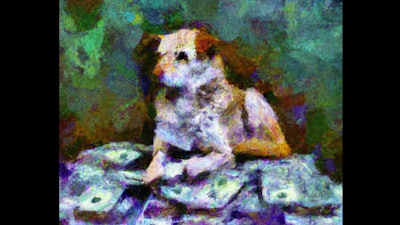 Dall·e 2023 05 09 11 59 49 Impressionist Painting Of Dog Sitting On Pile Of Money