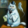 Oil painting of Cat dressed as Ebenezer Scrooge counting money with ghost hovering over his shoulder