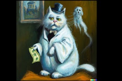 Oil painting of Cat dressed as Ebenezer Scrooge counting money with ghost hovering over his shoulder