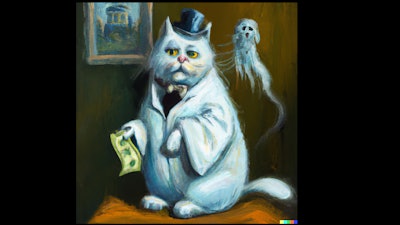 Oil painting of Cat dressed as Ebenezer Scrooge counting money with ghost hovering over his shoulder