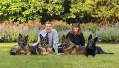 Volhard owners Brian and Lisa Berg are carrying on a 50-year legacy of high-quality dog nutrition alongside the dogs they train at their 24-acre canine training facility. (Pictured here: German Shepherds Thunder, Justice, Legend and Blackjack.)
