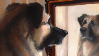An Oil Painting Of A Dog Looking In A Mirror