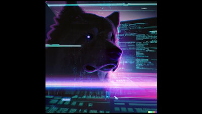 Dall·e 2023 05 18 13 55 58 Synthwave Art Of Dog Using Computer In The Future