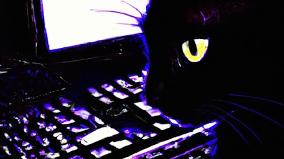 Dall·e 2023 11 09 12 15 39 Synthwave Drawing Of A Yellow Eyed, Black Cat Using A Computer