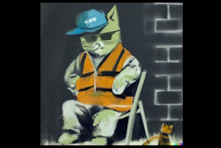 Dall·e 2024 02 14 11 40 41 Spray Paint Graffiti Painting By Banksy Of Cat Dressed As Construction Worker