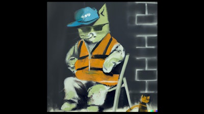 Dall·e 2024 02 14 11 40 41 Spray Paint Graffiti Painting By Banksy Of Cat Dressed As Construction Worker