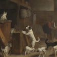 Dall·e 2024 02 20 09 20 18 George Caleb Bingham Painting Of Dogs And Cats Working In A Warehouse