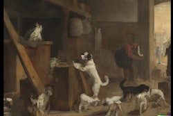 Dall·e 2024 02 20 09 20 18 George Caleb Bingham Painting Of Dogs And Cats Working In A Warehouse