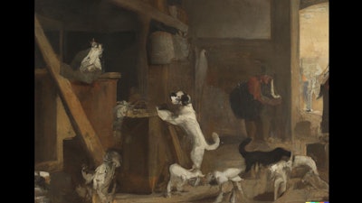 Dall·e 2024 02 20 09 20 18 George Caleb Bingham Painting Of Dogs And Cats Working In A Warehouse