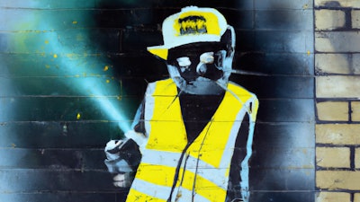 Dall·e 2024 02 26 10 40 13 Spray Paint Graffiti Painting By Banksy Of Cat Dressed As Construction Worker