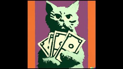 Dall·e 2024 02 27 13 11 17 Andy Warhol Painting Of A Cat Holding A Stack Of Dollar Bills