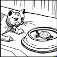 Dall·e 2024 02 28 11 48 50 Comic Book Drawing Of Turtle Crawling Out Of A Cat Food Dish While The Cat Looks At It In Surprise