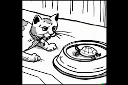 Dall·e 2024 02 28 11 48 50 Comic Book Drawing Of Turtle Crawling Out Of A Cat Food Dish While The Cat Looks At It In Surprise