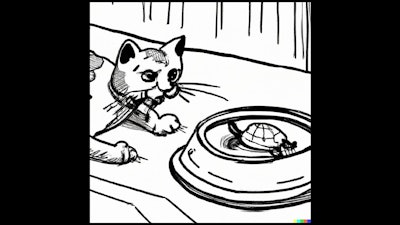Dall·e 2024 02 28 11 48 50 Comic Book Drawing Of Turtle Crawling Out Of A Cat Food Dish While The Cat Looks At It In Surprise