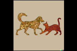 Dall·e 2023 05 18 14 07 29 Cat Playing With Dog, In Style Of Roman Mosaic