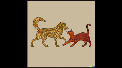 Dall·e 2023 05 18 14 07 29 Cat Playing With Dog, In Style Of Roman Mosaic
