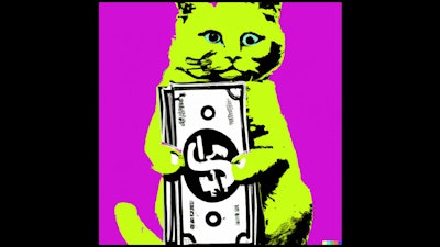 Dall·e 2024 02 27 13 11 24 Andy Warhol Painting Of A Cat Holding A Stack Of Dollar Bills