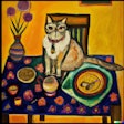 Dall·e 2024 02 28 10 05 26 Oil Painting Of Cat Sitting On Dinner Table, In Style Of Frida Kahlo 2