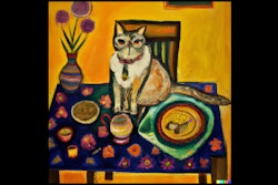 Dall·e 2024 02 28 10 05 26 Oil Painting Of Cat Sitting On Dinner Table, In Style Of Frida Kahlo 2