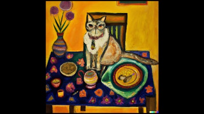 Dall·e 2024 02 28 10 05 26 Oil Painting Of Cat Sitting On Dinner Table, In Style Of Frida Kahlo 2