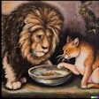 Dall·e 2024 03 14 14 40 49 Oil Painting Of A Lion With Large Mane Eating From The Same Bowl As A Domestic Pet Cat