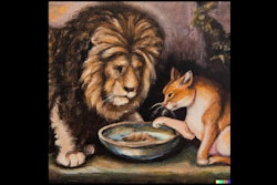 Dall·e 2024 03 14 14 40 49 Oil Painting Of A Lion With Large Mane Eating From The Same Bowl As A Domestic Pet Cat