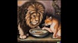 Dall·e 2024 03 14 14 40 49 Oil Painting Of A Lion With Large Mane Eating From The Same Bowl As A Domestic Pet Cat