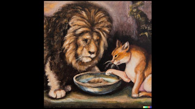 Dall·e 2024 03 14 14 40 49 Oil Painting Of A Lion With Large Mane Eating From The Same Bowl As A Domestic Pet Cat