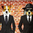 Dall·e 2024 03 15 09 26 39 Spraypainted Mural Of Dog And Cat In Business Suits On Urban Brick Wall
