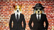 Dall·e 2024 03 15 09 26 39 Spraypainted Mural Of Dog And Cat In Business Suits On Urban Brick Wall