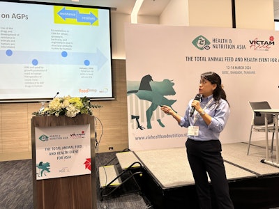 Dr. Miriam Tempra leads a presentation in Bangkok on the merits of animal nutrition and hygiene when reducing APG reliance.