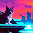 Dall·e 2024 03 25 12 07 29 Synthwave Image Of Cat Sitting Next To A Lamborghini Countach With A Cityscape In The Background