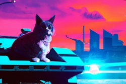 Dall·e 2024 03 25 12 07 29 Synthwave Image Of Cat Sitting Next To A Lamborghini Countach With A Cityscape In The Background