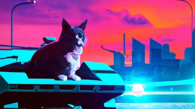 Dall·e 2024 03 25 12 07 29 Synthwave Image Of Cat Sitting Next To A Lamborghini Countach With A Cityscape In The Background