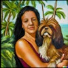 Dall·e 2024 03 25 12 10 03 Leonardo Di Vinci Oil Painting Of Latina Woman Holding A Pekinese Dog With Tropical Background
