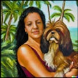 Dall·e 2024 03 25 12 10 03 Leonardo Di Vinci Oil Painting Of Latina Woman Holding A Pekinese Dog With Tropical Background