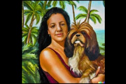 Dall·e 2024 03 25 12 10 03 Leonardo Di Vinci Oil Painting Of Latina Woman Holding A Pekinese Dog With Tropical Background