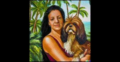 Dall·e 2024 03 25 12 10 03 Leonardo Di Vinci Oil Painting Of Latina Woman Holding A Pekinese Dog With Tropical Background