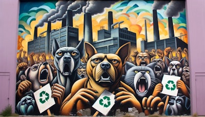 Dall·e 2024 05 14 09 22 07 A Dramatic Mural In The Style Of José Clemente Orozco Depicting Dogs And Cats Protesting In Front Of A Factory The Animals Hold Signs With Recycling