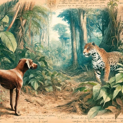 Dall·e 2024 05 16 11 22 24 An Aged Color Pencil Sketch From An Explorer's Notebook Depicting A Fila Brasileiro Dog And A Jaguar In The Amazon Jungle The Sketch Should Have A Vi