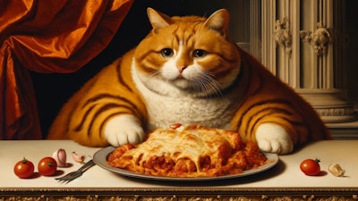 Dall·e 2024 05 17 09 07 20 A Painting In The Style Of Peter Paul Rubens Depicting An Obese Orange Cat With Black Stripes Eating Lasagna The Cat Should Be Plump With Soft, Round