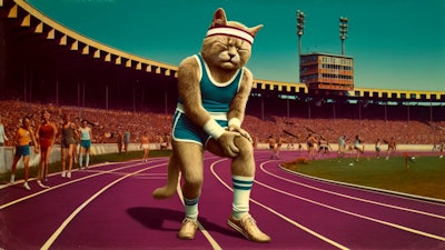 Dall·e 2024 05 20 16 04 27 A 1970s Photo Of An Anthropomorphic Cat Competing At The Olympics The Cat Is Dressed In Vintage Athletic Gear Typical Of The 1970s, With A Headband A