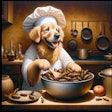 Dall·e 2024 05 09 09 22 14 An Oil Painting Of A Dog Dressed As A Chef, Cooking A Bowl Full Of Crickets The Dog, A Cheerful Golden Retriever, Wears A Traditional White Chef's Ha