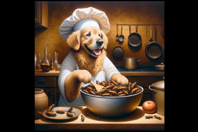 Dall·e 2024 05 09 09 22 14 An Oil Painting Of A Dog Dressed As A Chef, Cooking A Bowl Full Of Crickets The Dog, A Cheerful Golden Retriever, Wears A Traditional White Chef's Ha