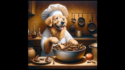 Dall·e 2024 05 09 09 22 14 An Oil Painting Of A Dog Dressed As A Chef, Cooking A Bowl Full Of Crickets The Dog, A Cheerful Golden Retriever, Wears A Traditional White Chef's Ha