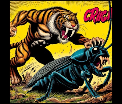 Dall·e 2024 05 09 09 25 33 A 70s Comic Book Style Image Depicting A Saber Toothed Tiger Fighting A Giant Cricket The Tiger, With Its Prominent Fangs And Muscular Build, Is In A