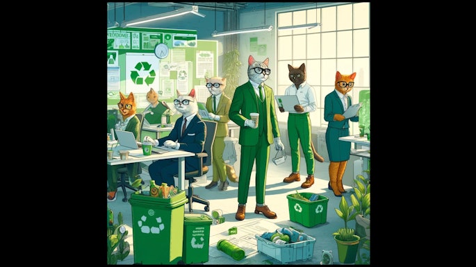 Dall·e 2024 05 09 09 57 33 A Graphic For An Article About Environmentalism In The Pet Food Industry, Featuring Anthropomorphic Cats As Eco Conscious Professionals The Scene Sho