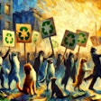 Dall·e 2024 05 14 09 27 53 A Dramatic Impressionist Painting Of Dogs And Cats Protesting The Animals Are Depicted Holding Signs With Recycling Symbols On Them The Scene Captur